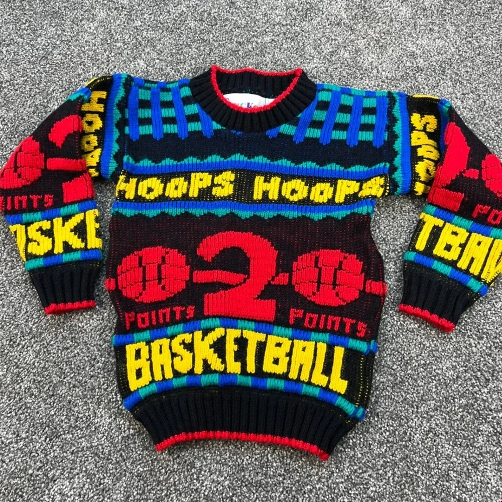 Vintage 90s Bucket Basketball‎ Hoops Knit Sweater Kids Size Multi Color